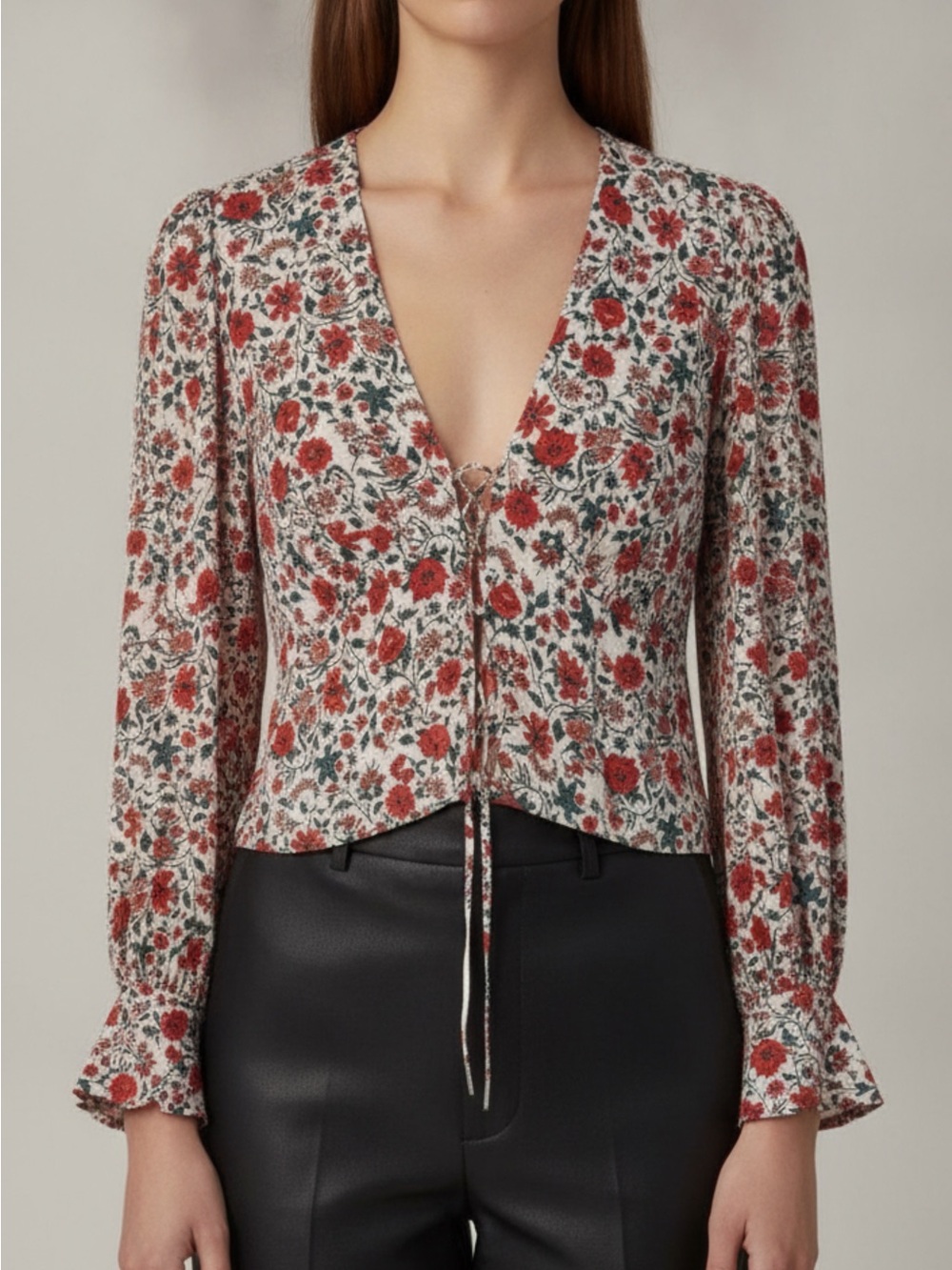 Realisation Par Bennie floral silk Tie-Front Cropped Blouse - Red/Green Sz S